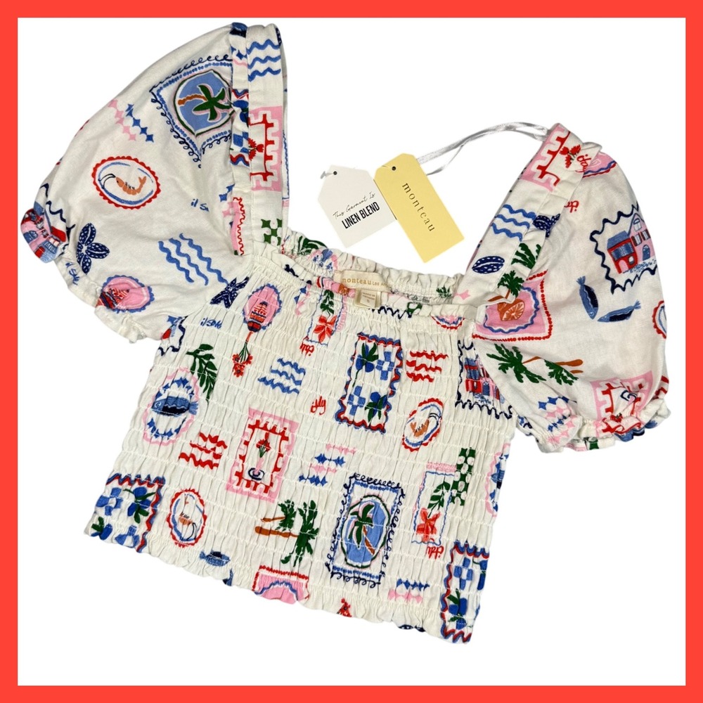 Monteau‎ Linen Blend Smocked Crop Top Square Neck Puff Sleeve Tropical Print